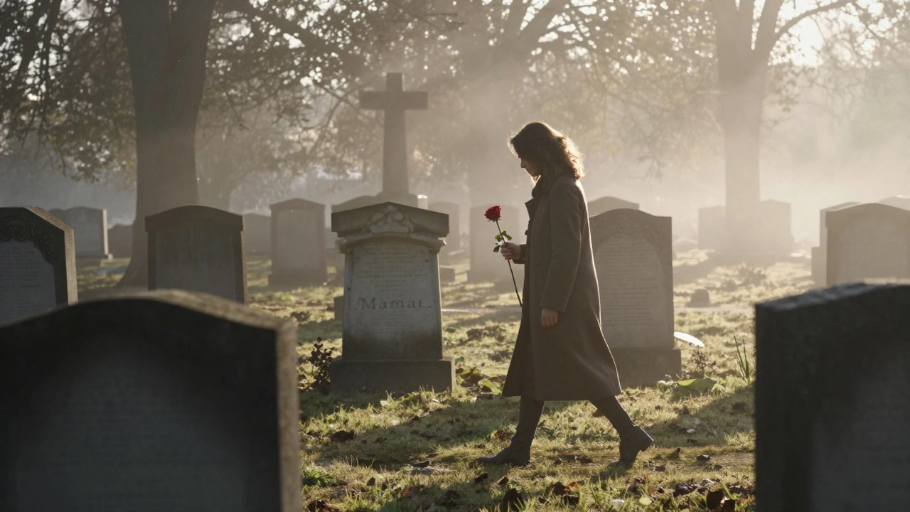 A woman standing alone in Père Lachaise Cemetery at dawn, holding a rose among old gravestones.