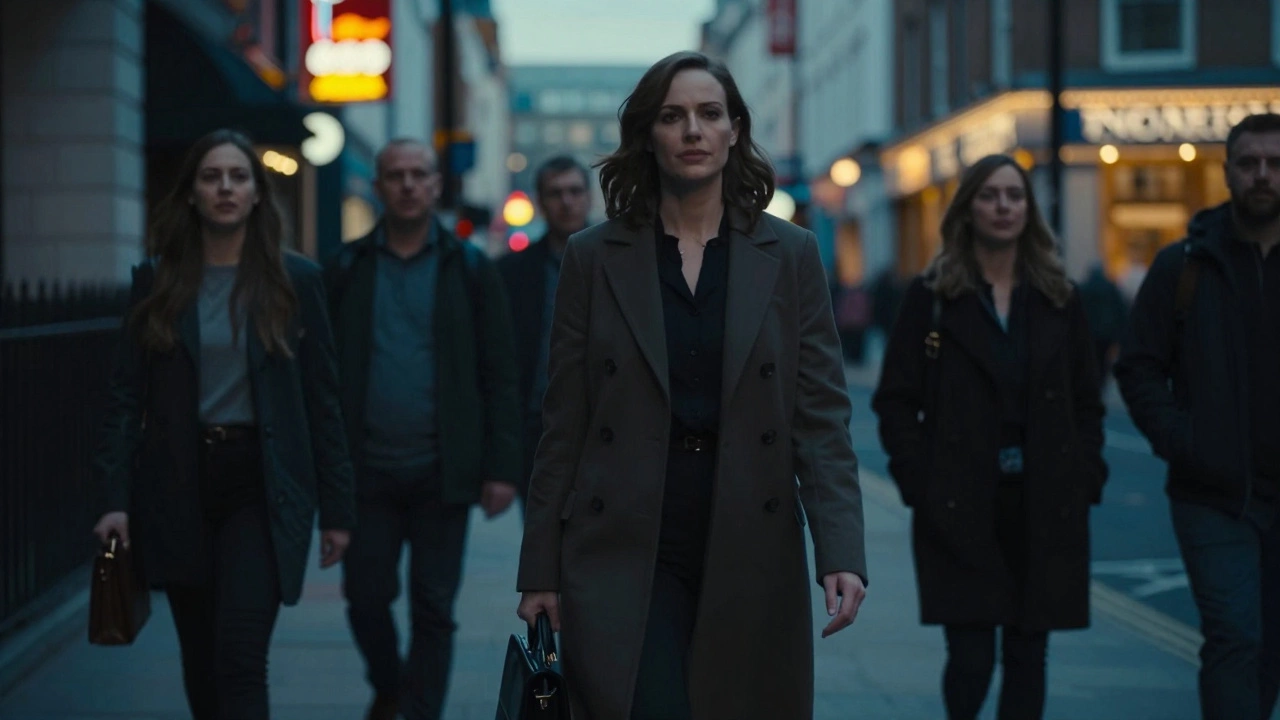 A woman walks confidently down a London street at dusk, serene amid judgmental glances from blurred onlookers.