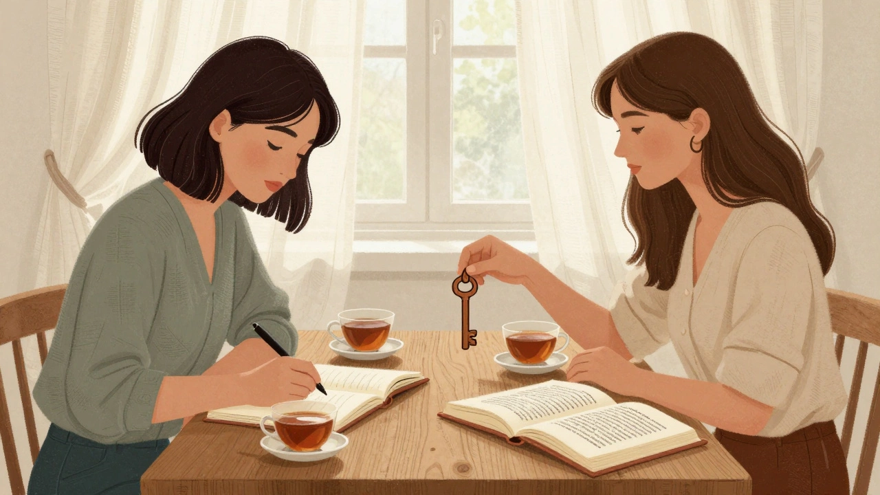 Two women share a quiet moment at a table, placing a symbolic key between them as books on feminist theory lie open.